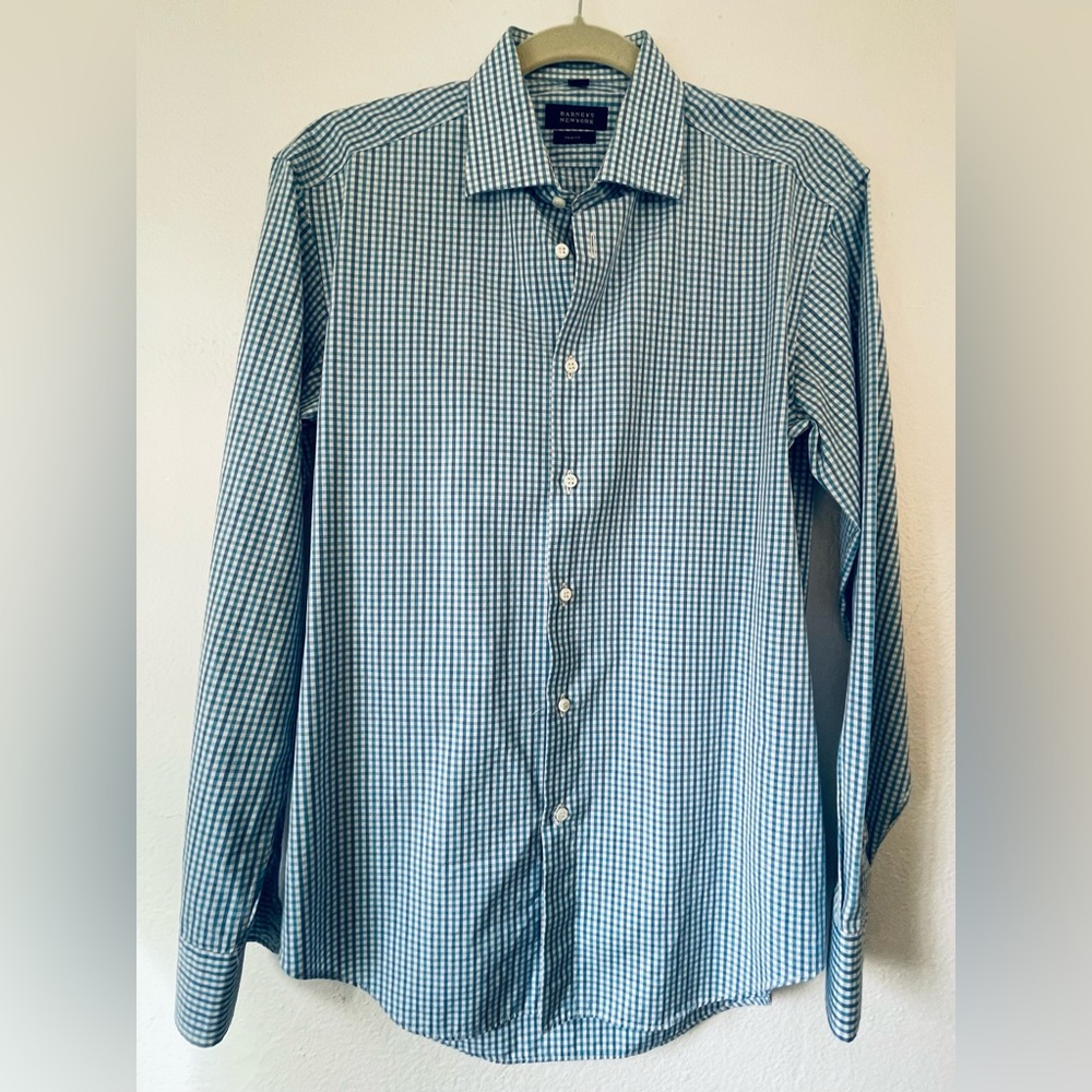 Barney’s New York Men’s Dress Shirt Blue Check Pattern Size 15R